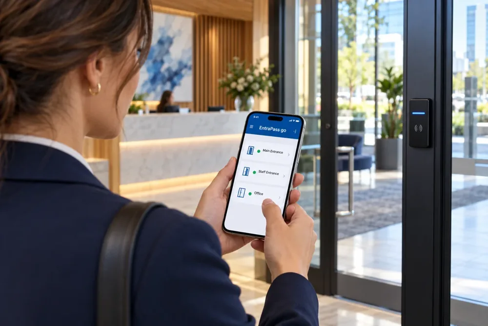 Property manager using an illustrative EntraPass go mobile interface on her smartphone