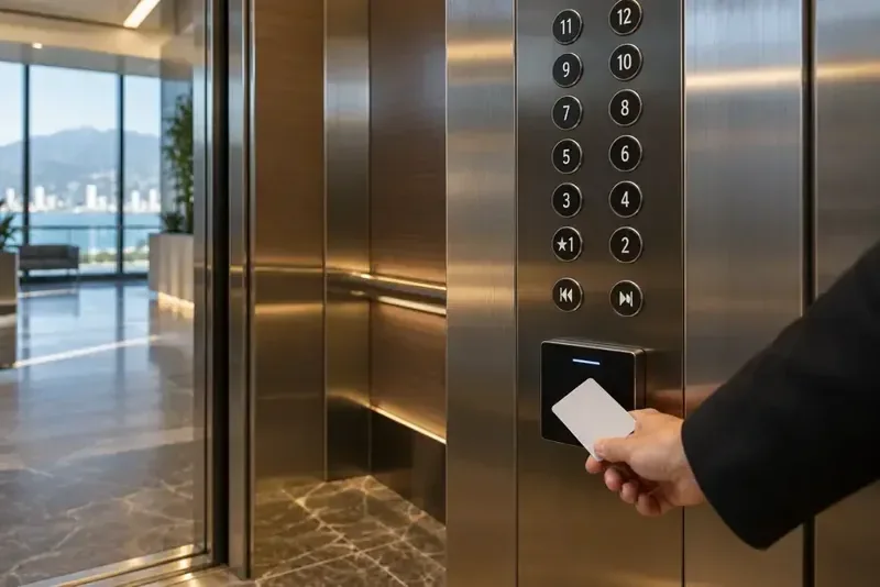 Credential reader beside elevator controls