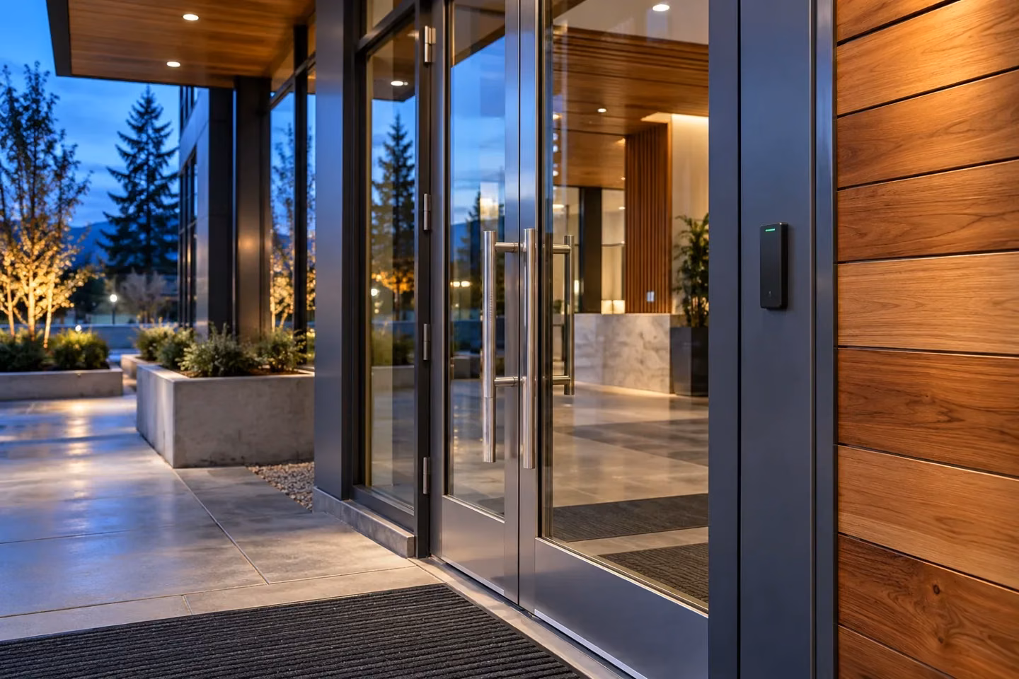 Commercial glass entrance with a slim access reader, cedar cladding and blue evening light