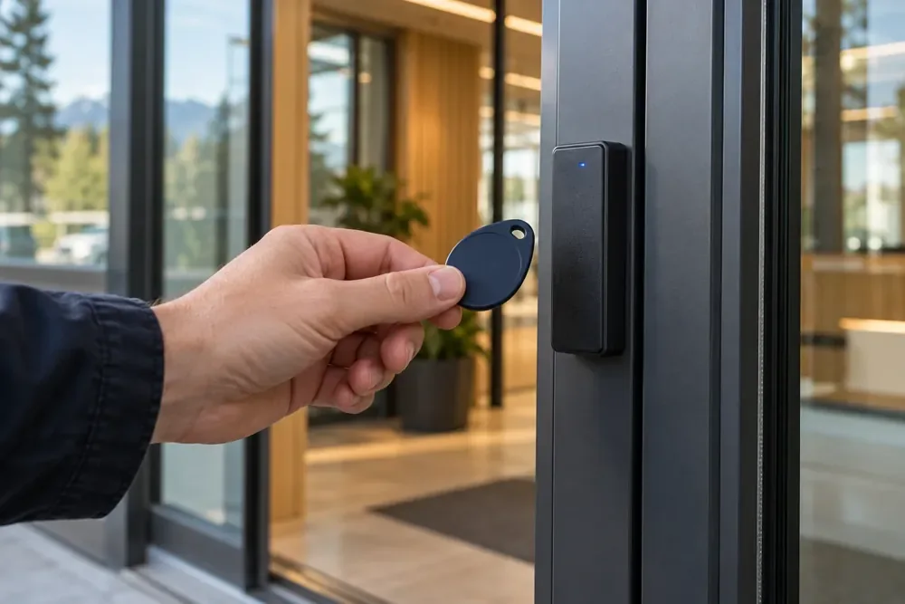 A key fob presented to a contactless reader at a commercial door