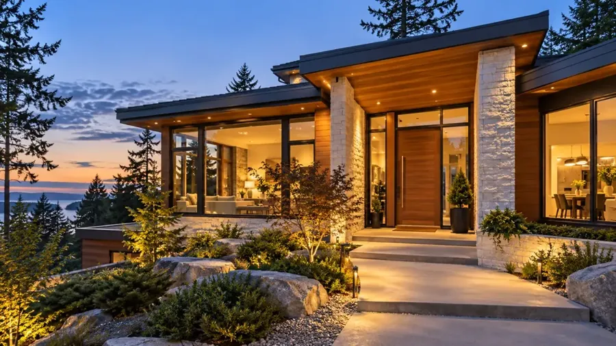 Illustrative welcoming home with warm interior lighting
