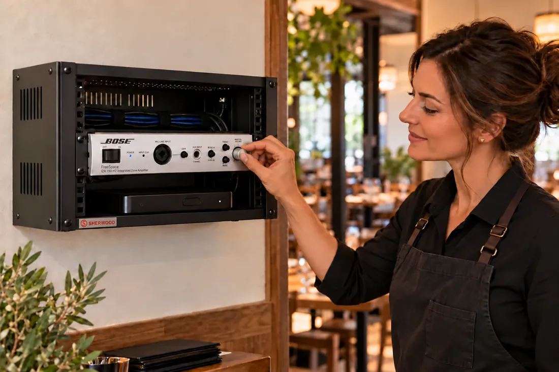Concept illustration of a woman restaurant manager using a Bose amplifier in a compact wall-mounted rack