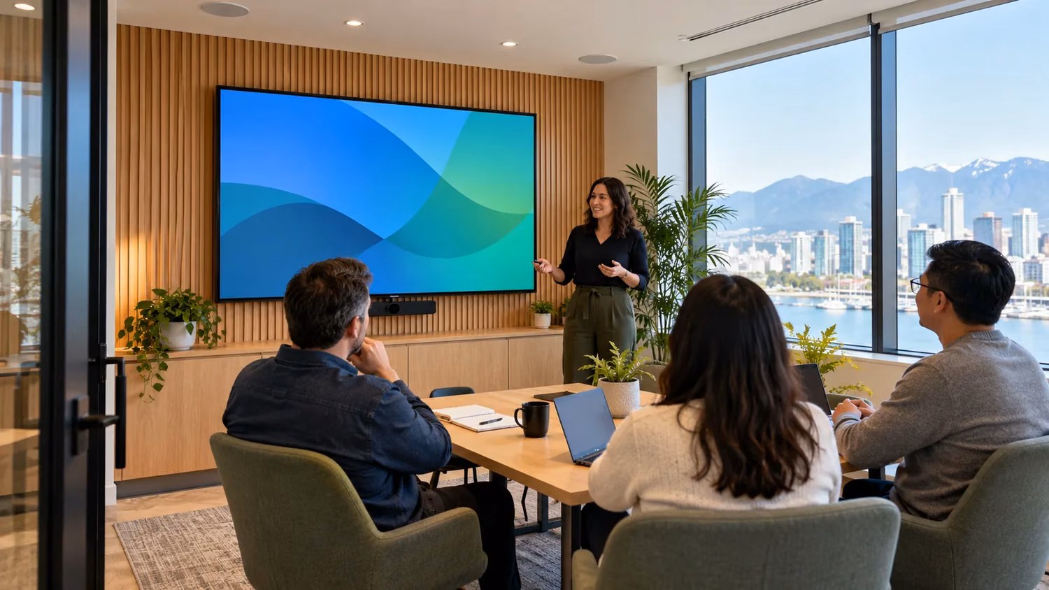 Illustrative small-business team using a large display for a presentation