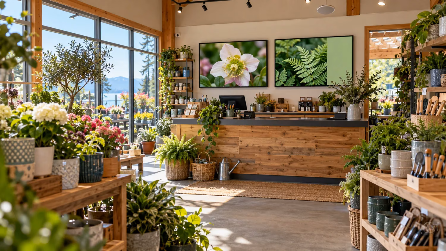 Illustrative independent garden shop using digital signage behind its customer service counter