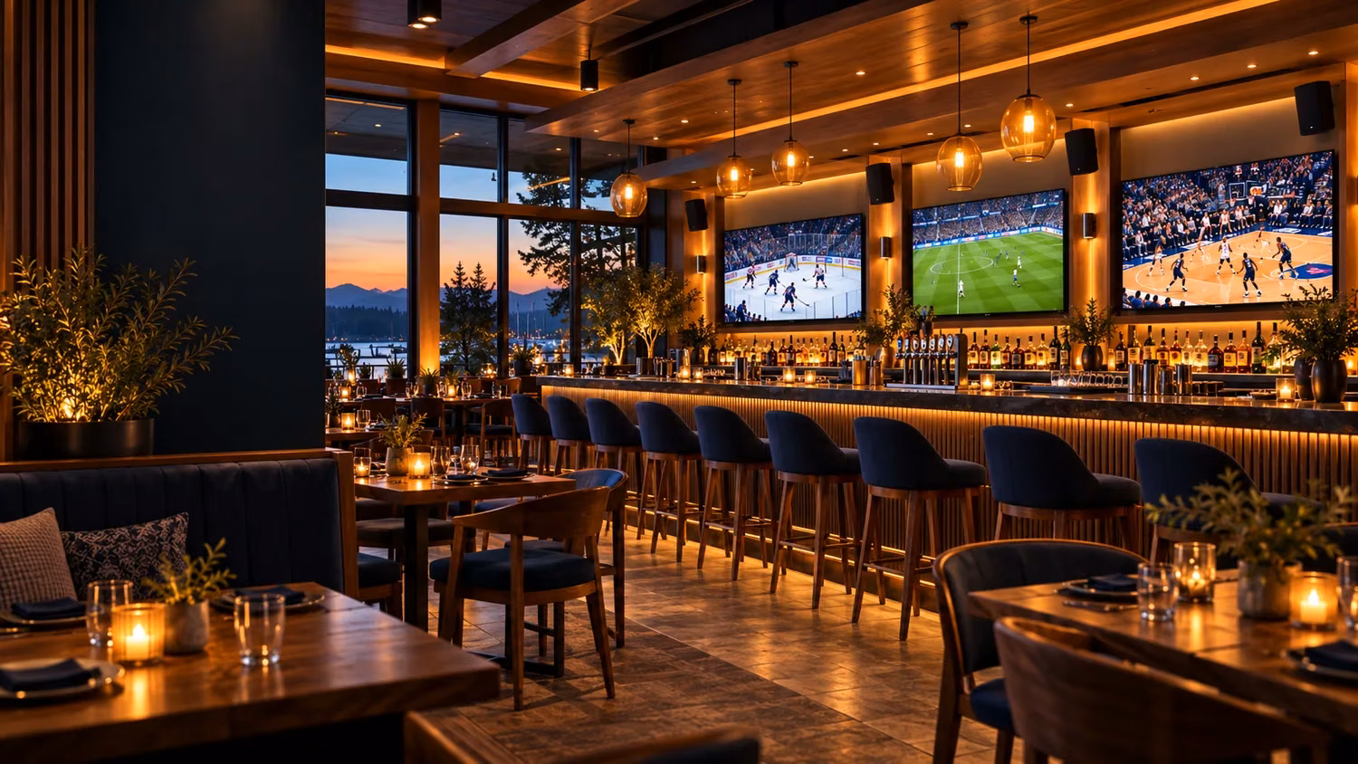 Sports bar concept with multiple sports displays, integrated speakers and warm amber lighting