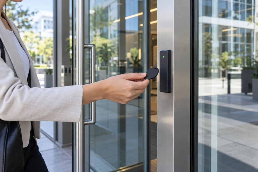 Person using a key fob at an access reader to enter a commercial building