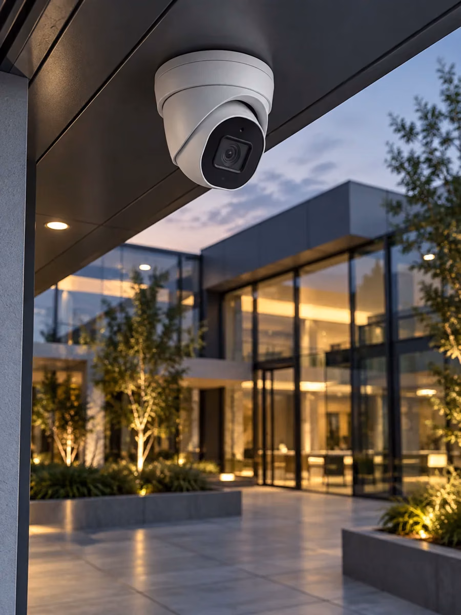 Surveillance camera mounted under the canopy of a commercial building