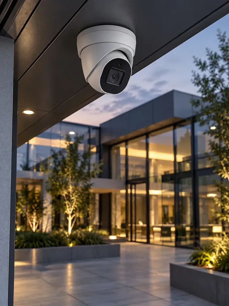 Camera positioned above a commercial building entrance