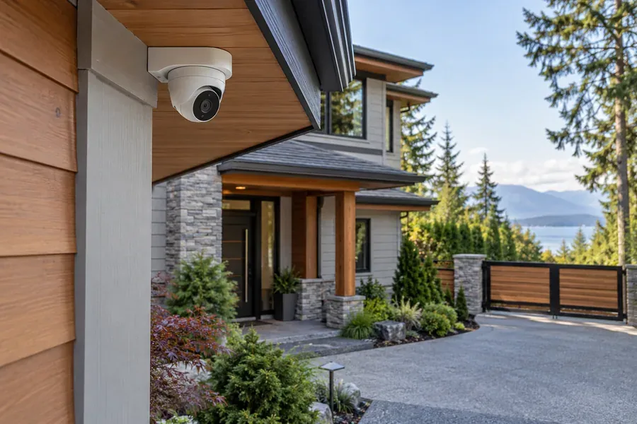 Discreet security camera covering a home's driveway and entrance