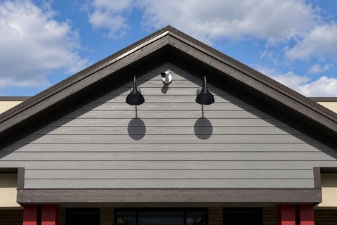 Sherwood surveillance camera installation on a shopping-centre entrance gable