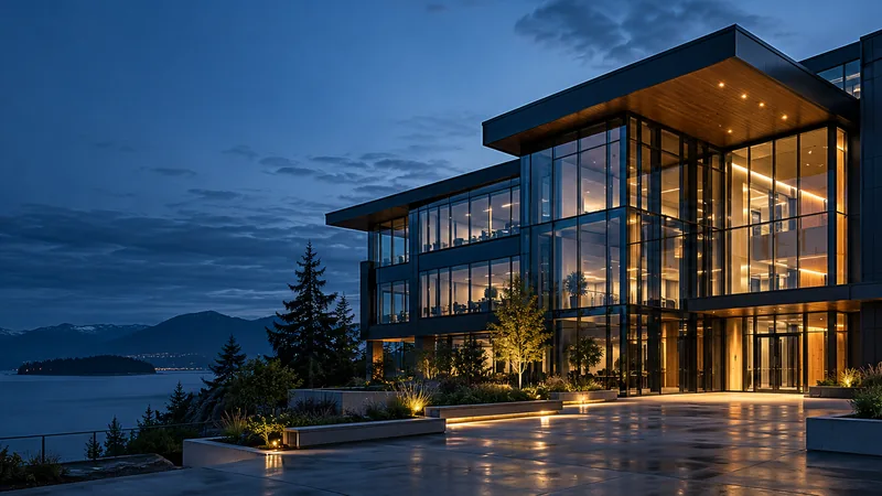Modern commercial building with glazed entrance and exterior lighting