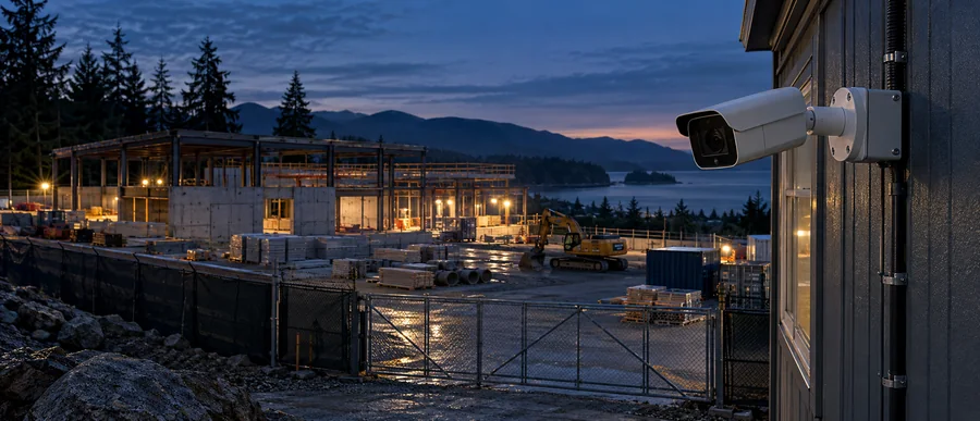 Illustrative surveillance camera overlooking a fenced construction site