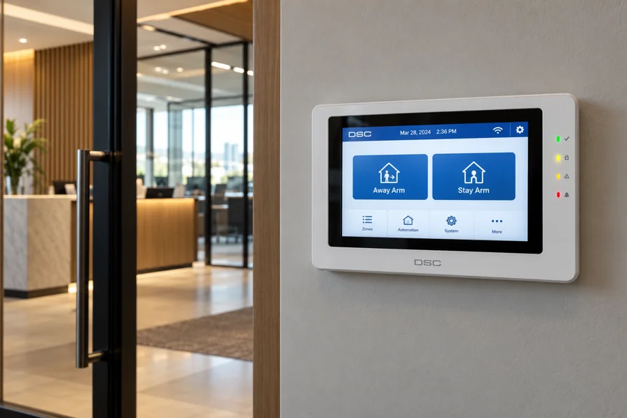 touchscreen alarm keypad at a commercial office entrance
