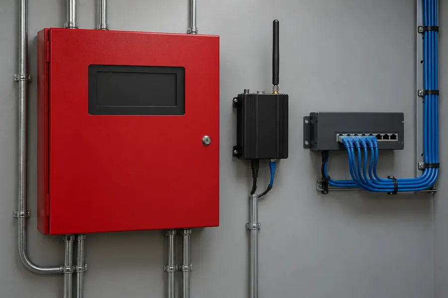 Illustrative monitoring enclosure with cellular antenna and network equipment