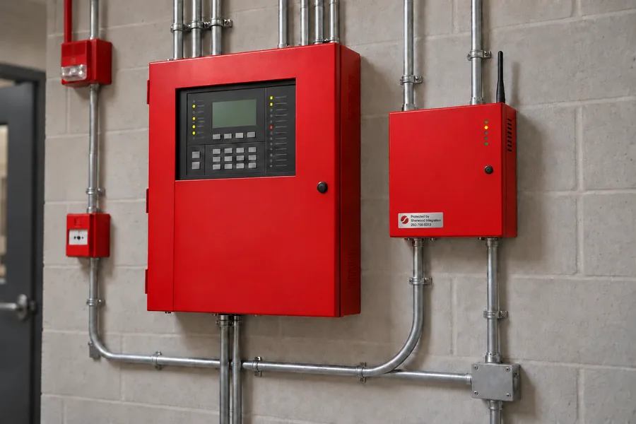 Illustrative red fire alarm panel beside a red monitoring enclosure with a small metallic decal showing the red Sherwood logo, Protected by Sherwood Integration and 250-758-5313