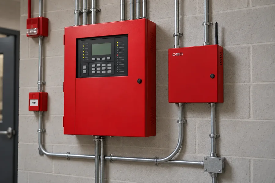 Fire alarm panel beside a red fire monitoring enclosure
