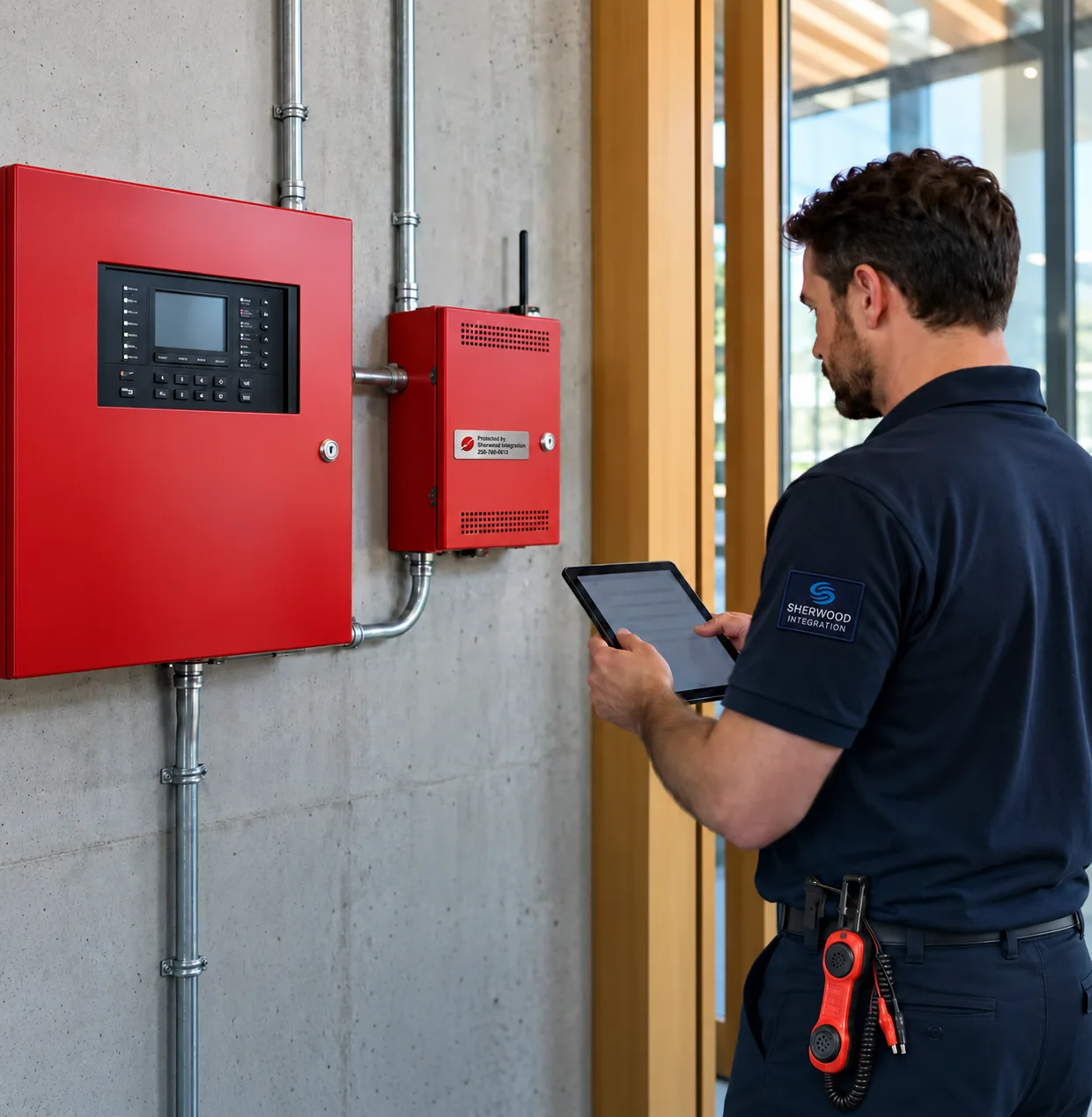 Illustrative Sherwood technician with a telephone test set reviewing fire monitoring equipment with a metallic Sherwood badge