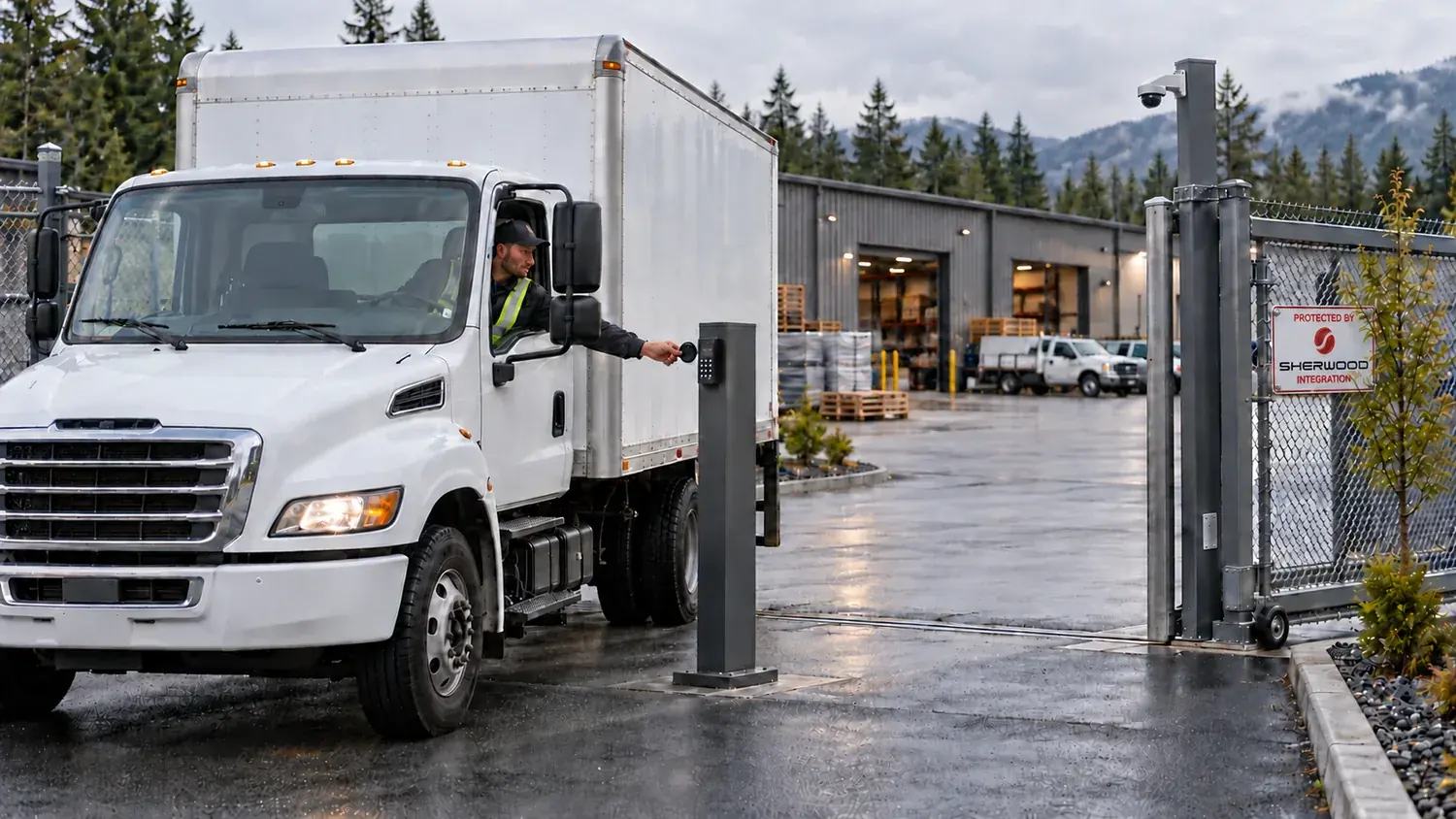 Illustrative commercial truck driver presenting a fob at an industrial yard gate