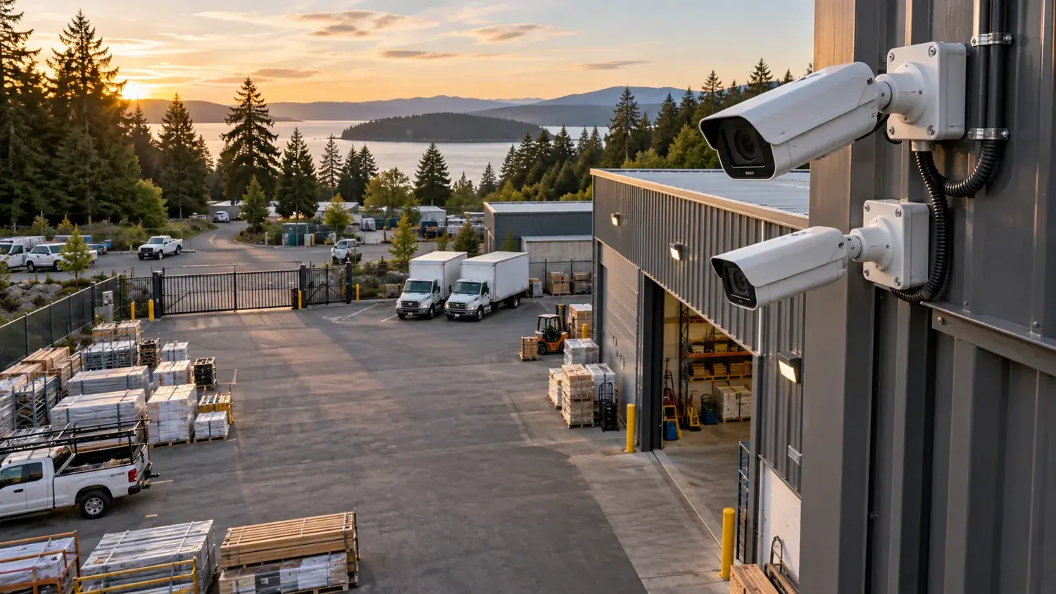Illustrative security cameras overlooking a fenced warehouse yard and loading areas