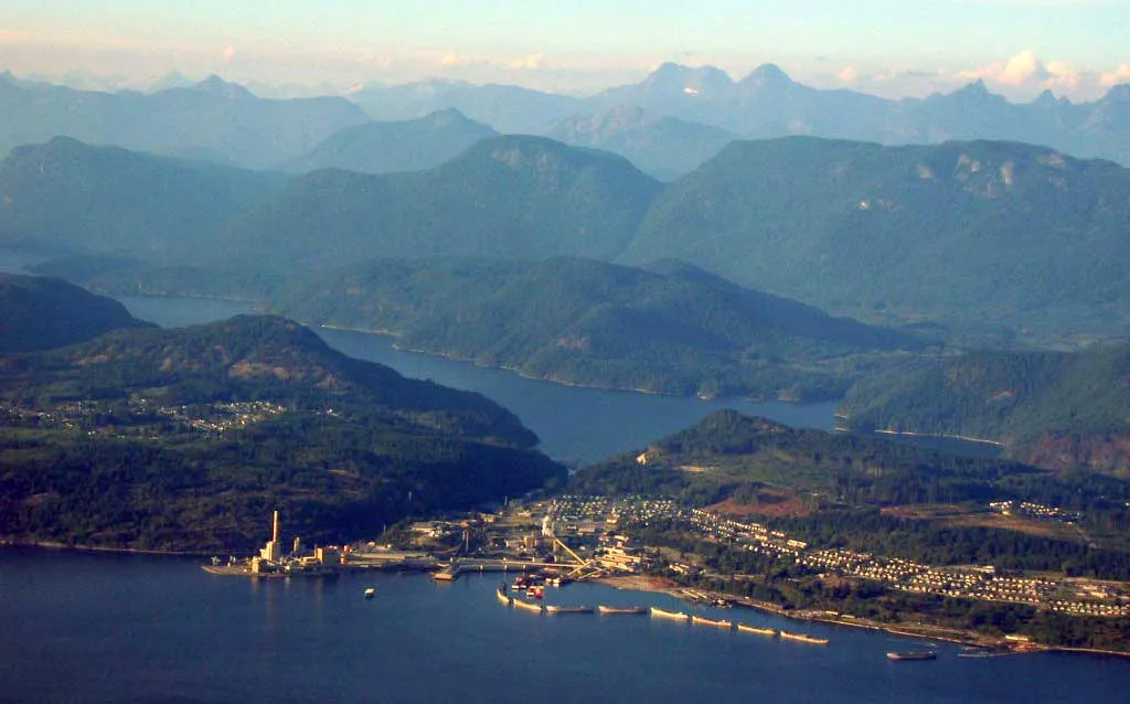 Aerial view of Powell River and its coastline