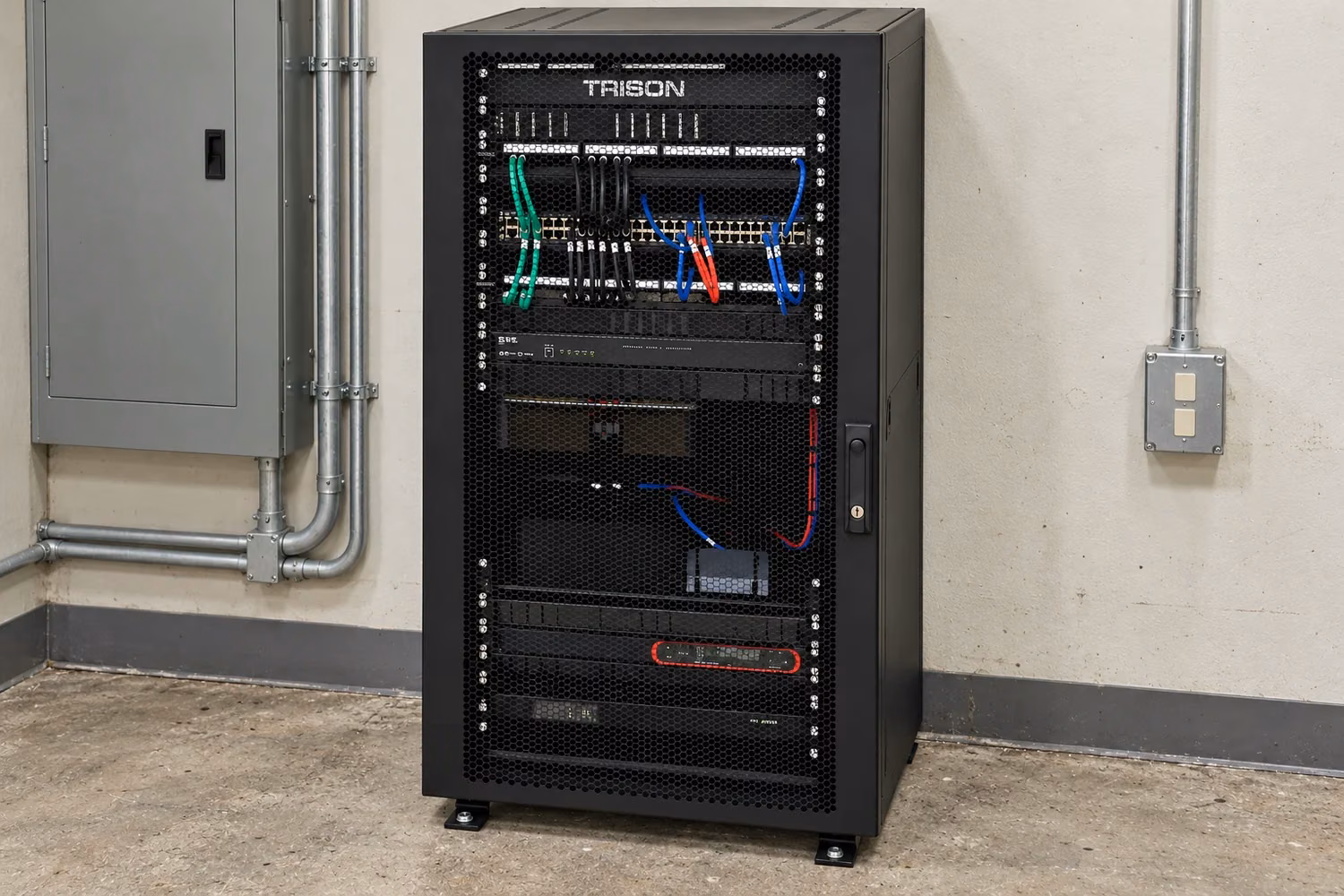 Equipment rack for Sherwood’s Nanaimo hotel audio and AV project in Nanaimo; photograph with an edited room background