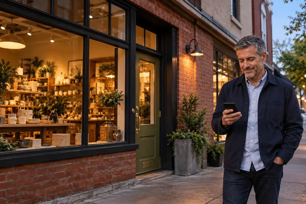Illustrative business owner using a phone outside a storefront