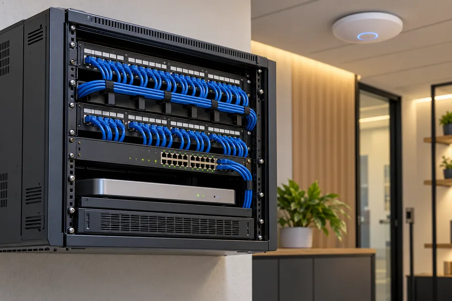Illustrative network rack with patch panels, managed switches and labelled blue data cabling