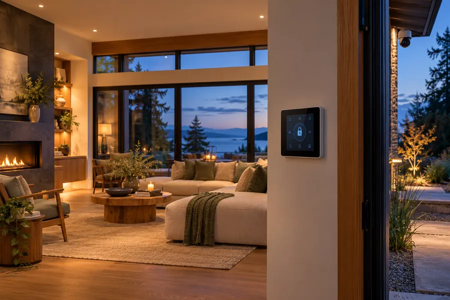 Contemporary home entry with an alarm touchscreen and a warm living space — design example