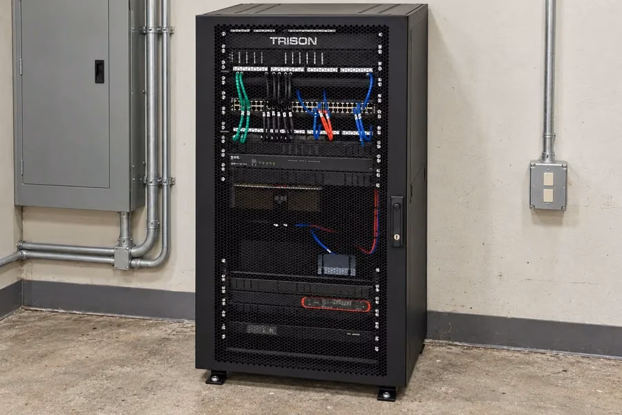Equipment rack and cabling in Sherwood’s Nanaimo hotel project