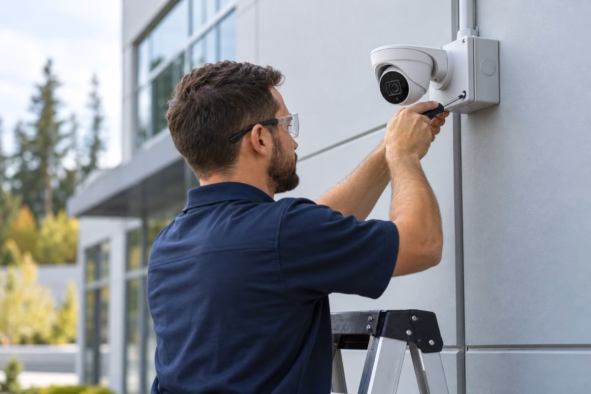 Illustrative scene of a security installer fitting a camera at a commercial building