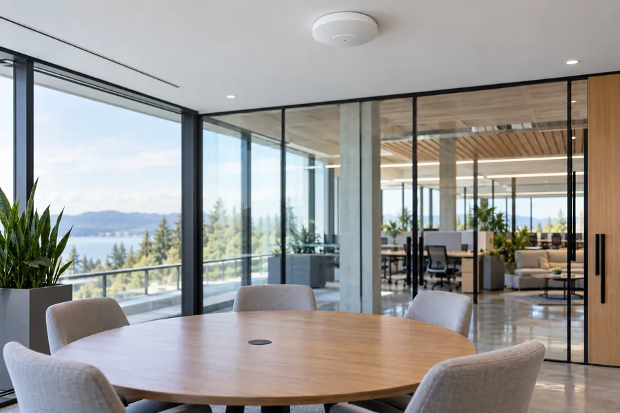 Illustrative meeting room with a discreet ceiling-mounted Wi-Fi access point
